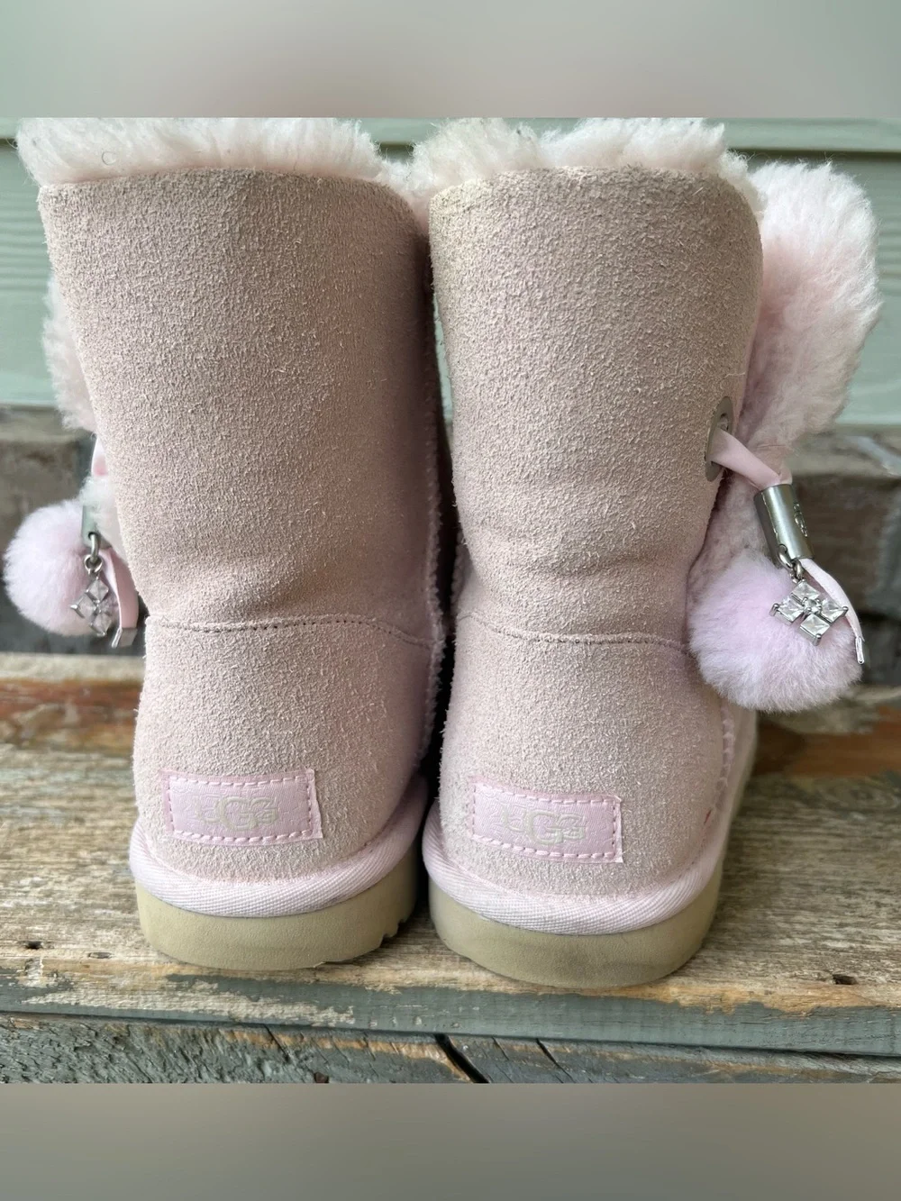 Womens UGG Pink Pom Charm Faux-Suede Boot Detail Size 6